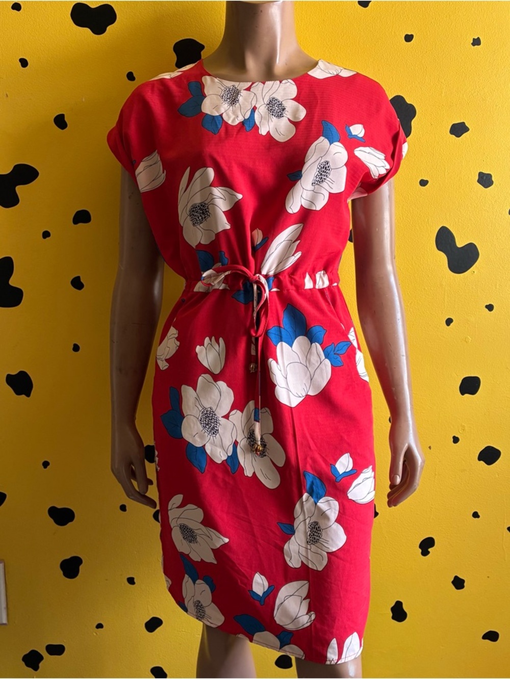 Red Floral Midi Dress Tie Waist Vintage Feminine Aesthetic Cottagecore Romantic